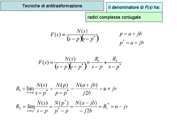 Tecniche di antitrasformazione Il denominatore di F(s) ha: radici complesse coniugate 