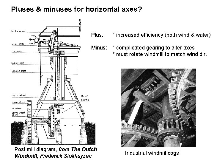 Pluses & minuses for horizontal axes? Plus: * increased efficiency (both wind & water)