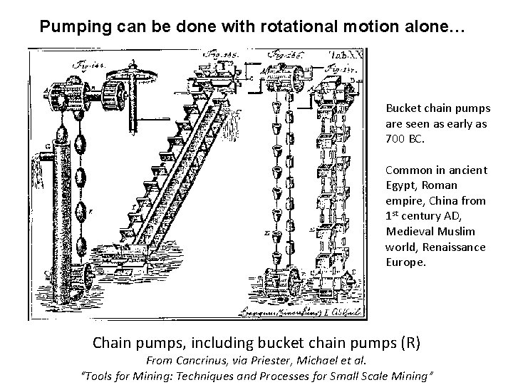 Pumping can be done with rotational motion alone… Bucket chain pumps are seen as