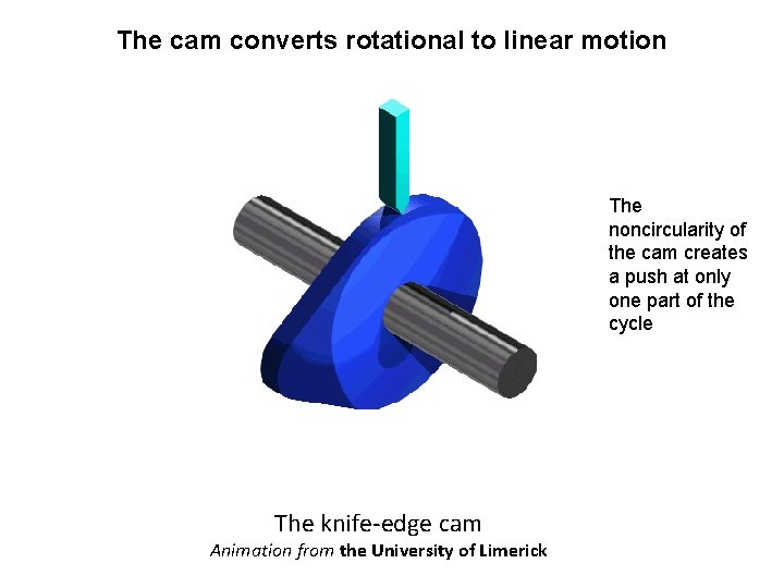 The cam converts rotational to linear motion The noncircularity of the cam creates a