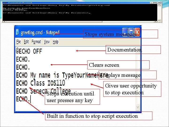 Stops system messages Documentation Clears screen Displays message Stops execution until user presses any