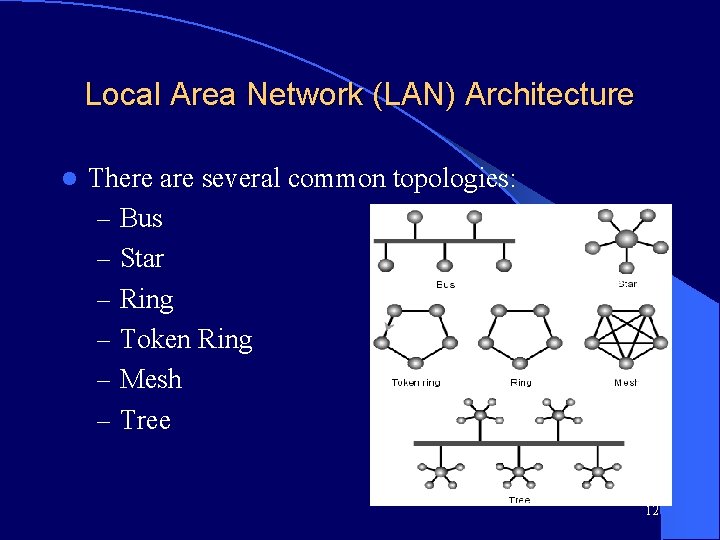 Local Area Network (LAN) Architecture l There are several common topologies: – Bus –