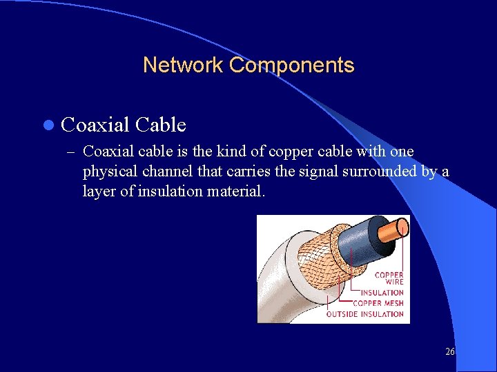 Network Components l Coaxial Cable – Coaxial cable is the kind of copper cable