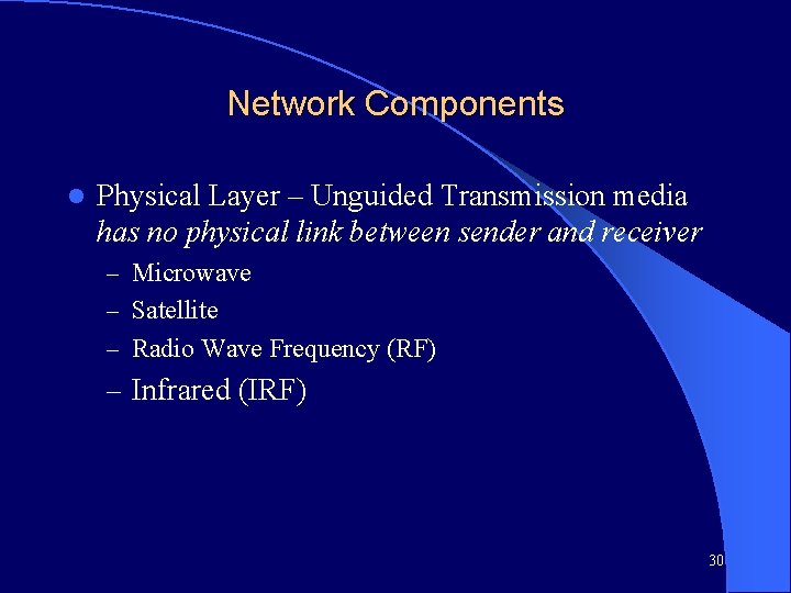 Network Components l Physical Layer – Unguided Transmission media has no physical link between