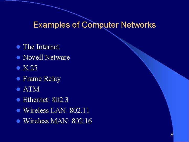 Examples of Computer Networks l l l l The Internet Novell Netware X. 25