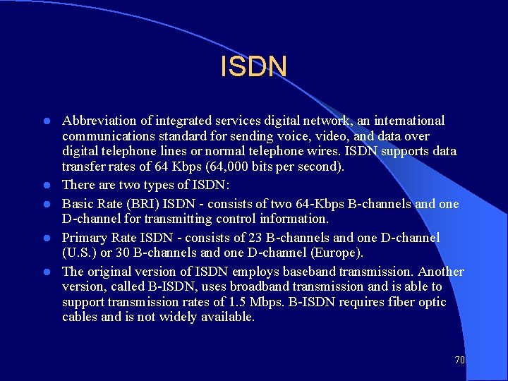 ISDN l l l Abbreviation of integrated services digital network, an international communications standard