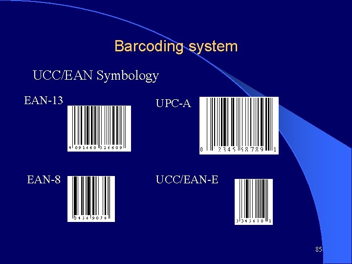 Barcoding system UCC/EAN Symbology EAN-13 UPC-A EAN-8 UCC/EAN-E 85 