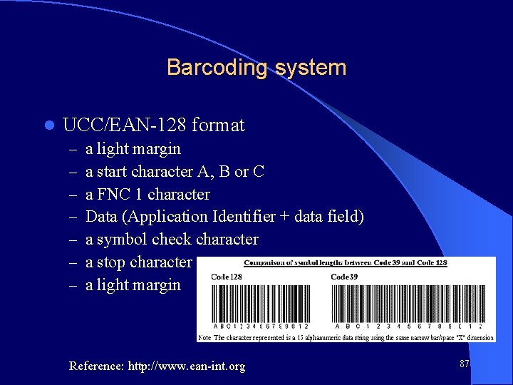 Barcoding system l UCC/EAN-128 format – – – – a light margin a start