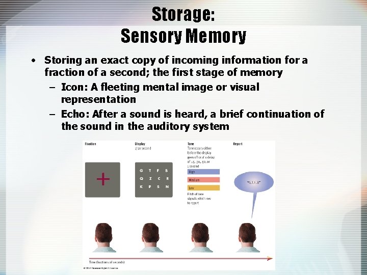 Storage: Sensory Memory • Storing an exact copy of incoming information for a fraction