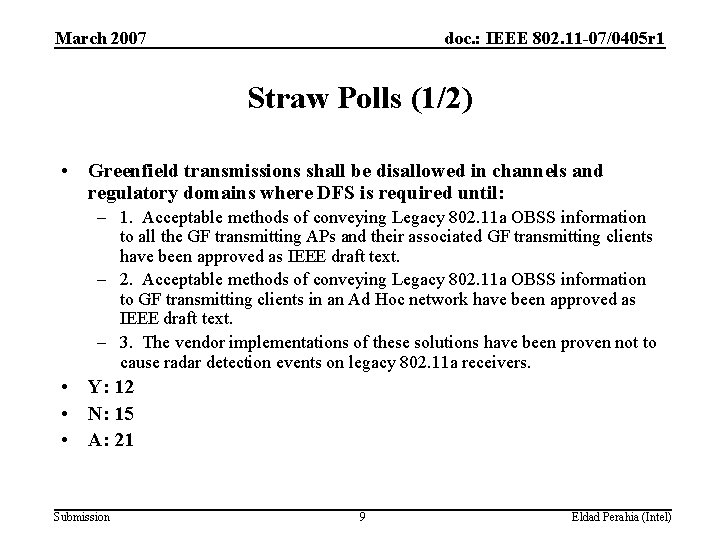 March 2007 doc. : IEEE 802. 11 -07/0405 r 1 Straw Polls (1/2) •