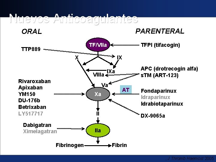 Nuevos Anticoagulantes PARENTERAL ORAL TF/VIIa TTP 889 TFPI (tifacogin) X IX VIIIa Rivaroxaban Apixaban