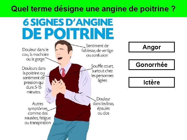 Quel terme désigne une angine de poitrine ? Angor Gonorrhée Ictère 