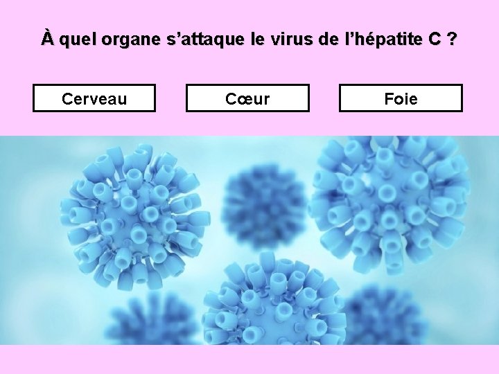 À quel organe s’attaque le virus de l’hépatite C ? Cerveau Cœur Foie 