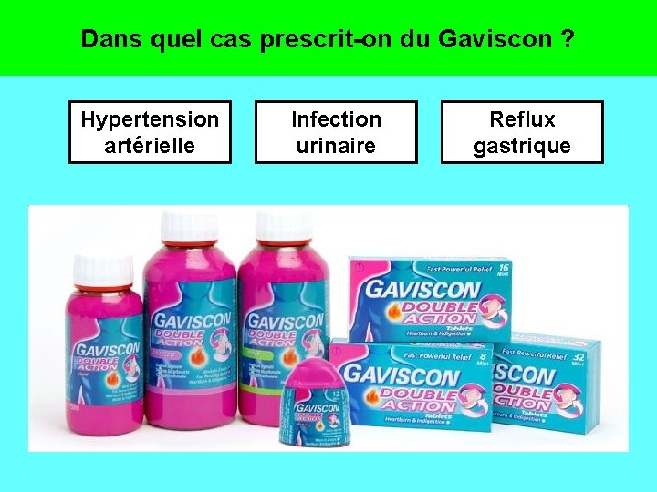 Dans quel cas prescrit-on du Gaviscon ? Hypertension artérielle Infection urinaire Reflux gastrique 