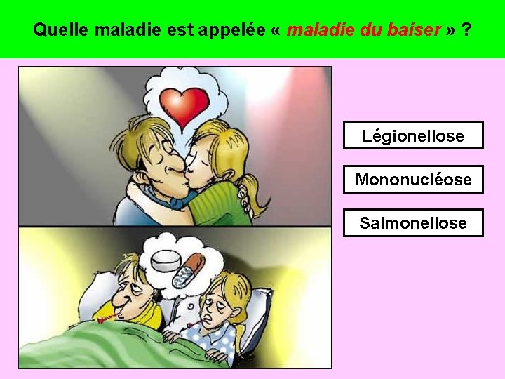 Quelle maladie est appelée « maladie du baiser » ? Légionellose Mononucléose Salmonellose 