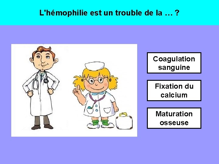 L'hémophilie est un trouble de la … ? Coagulation sanguine Fixation du calcium Maturation