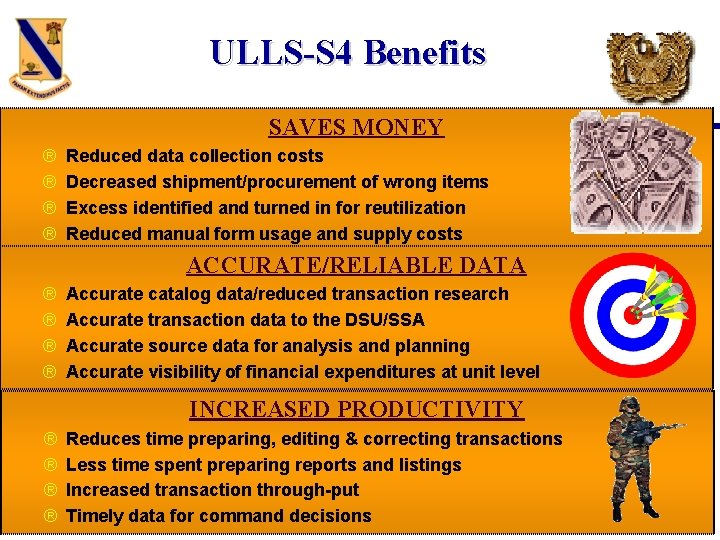 ULLS-S 4 Benefits SAVES MONEYWarrant Officer Division ® ® Reduced data collection costs Decreased