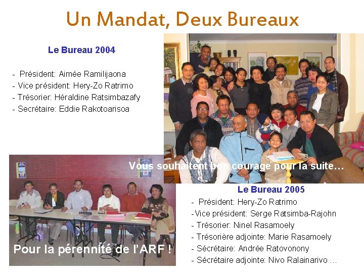 Un Mandat, Deux Bureaux Le Bureau 2004 - Président: Aimée Ramilijaona - Vice président: