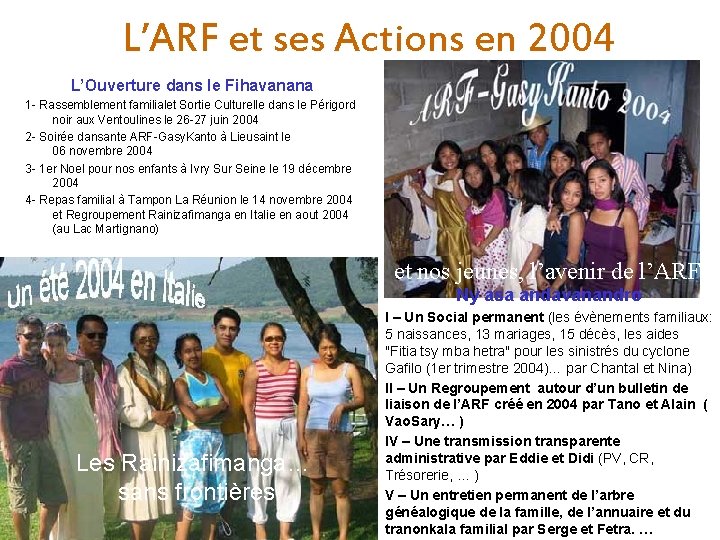 L’ARF et ses Actions en 2004 L’Ouverture dans le Fihavanana 1 - Rassemblement familialet
