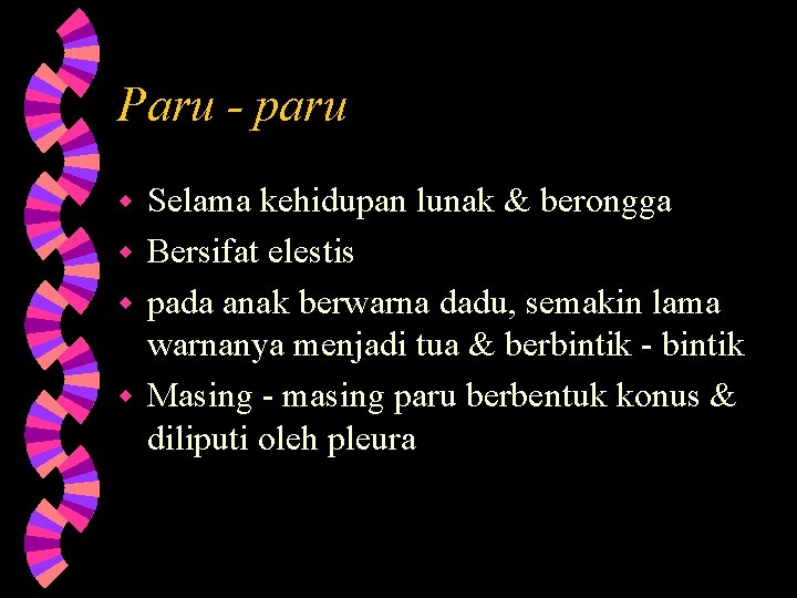 Paru - paru Selama kehidupan lunak & berongga w Bersifat elestis w pada anak