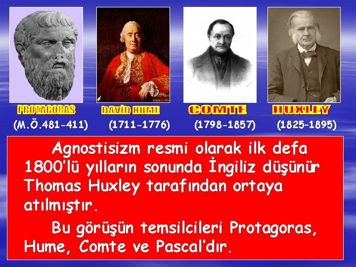 (M. Ö. 481 -411) (1711 -1776) (1798 -1857) (1825– 1895) Agnostisizm resmi olarak ilk