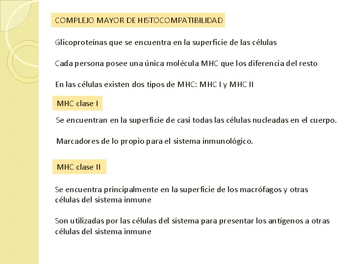 COMPLEJO MAYOR DE HISTOCOMPATIBILIDAD Glicoproteínas que se encuentra en la superficie de las células COMPLEJO MAYOR DE HISTOCOMPATIBILIDAD Glicoproteínas que se encuentra en la superficie de las células