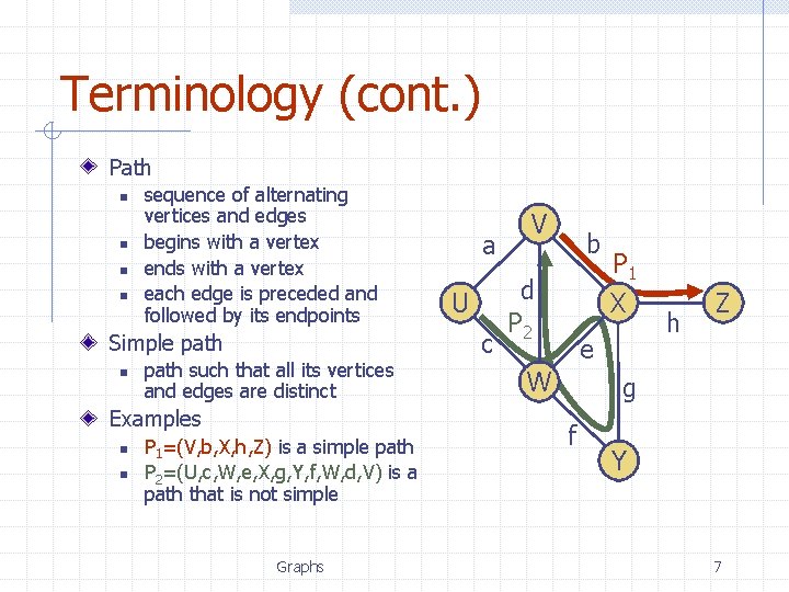 Terminology (cont. ) Path n n sequence of alternating vertices and edges begins with