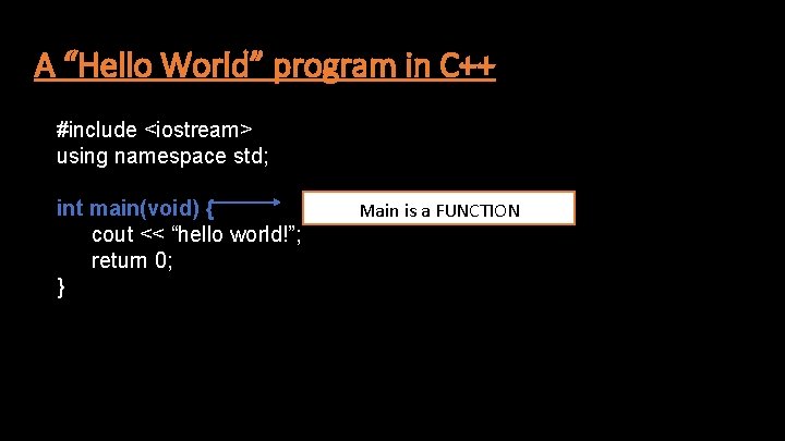 A “Hello World” program in C++ #include <iostream> using namespace std; int main(void) {