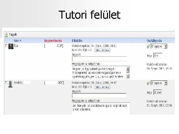 Tutori felület 