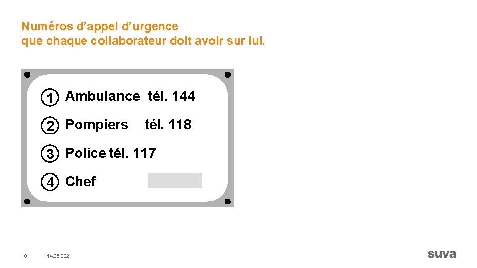 Numéros d’appel d’urgence que chaque collaborateur doit avoir sur lui. 1 Ambulance tél. 144