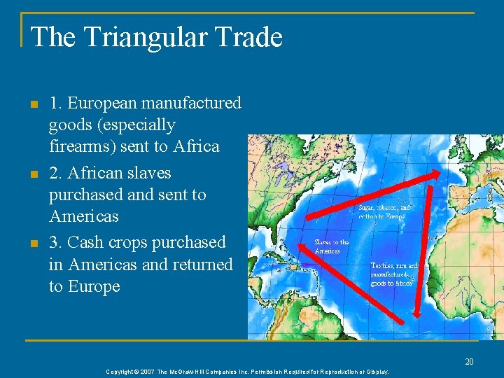 The Triangular Trade n n n 1. European manufactured goods (especially firearms) sent to