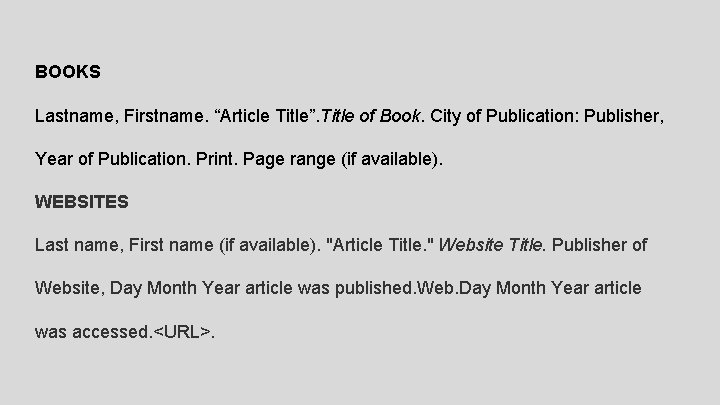 BOOKS Lastname, Firstname. “Article Title”. Title of Book. City of Publication: Publisher, Year of
