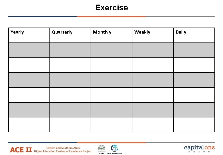 Exercise Yearly Quarterly Monthly Weekly Daily 