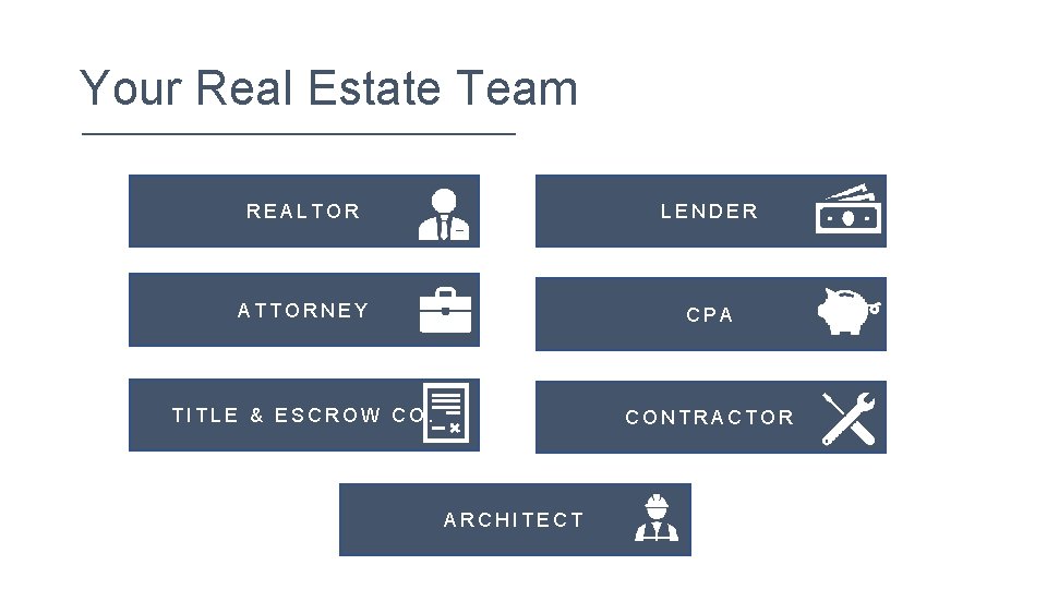 Your Real Estate Team REALTOR LENDER ATTORNEY CPA TITLE & ESCROW CO. CONTRACTOR ARCHITECT