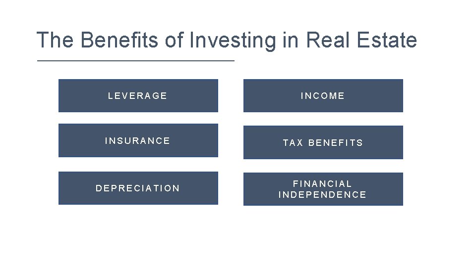 The Benefits of Investing in Real Estate LEVERAGE INCOME INSURANCE TAX BENEFITS DEPRECIATION FINANCIAL