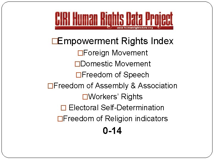 �Empowerment Rights Index �Foreign Movement �Domestic Movement �Freedom of Speech �Freedom of Assembly &