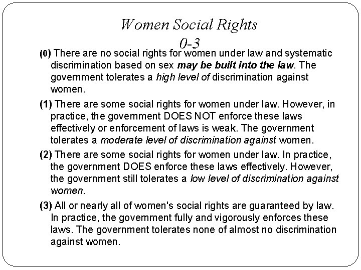 Women Social Rights 0 -3 (0) There are no social rights for women under