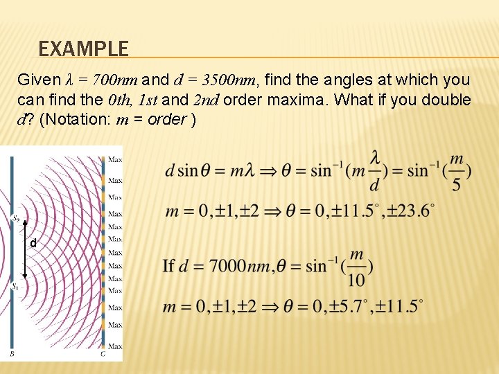EXAMPLE Given λ = 700 nm and d = 3500 nm, find the angles