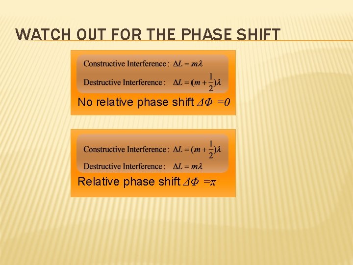 WATCH OUT FOR THE PHASE SHIFT No relative phase shift ΔΦ =0 Relative phase