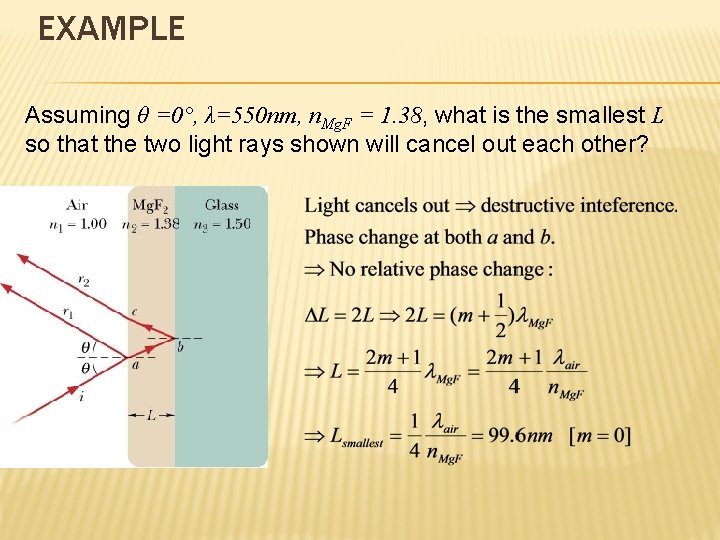 EXAMPLE Assuming θ =0°, λ=550 nm, n. Mg. F = 1. 38, what is