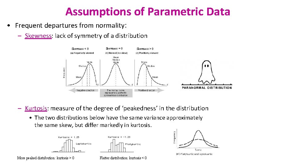Assumptions of Parametric Data • Frequent departures from normality: – Skewness: lack of symmetry