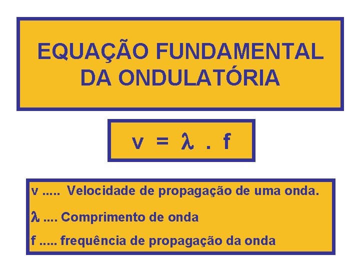 EQUAÇÃO FUNDAMENTAL DA ONDULATÓRIA v = l. f v. . . Velocidade de propagação EQUAÇÃO FUNDAMENTAL DA ONDULATÓRIA v = l. f v. . . Velocidade de propagação
