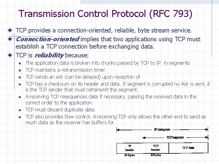 Transmission Control Protocol (RFC 793) TCP provides a connection-oriented, reliable, byte stream service. Connection-oriented Transmission Control Protocol (RFC 793) TCP provides a connection-oriented, reliable, byte stream service. Connection-oriented