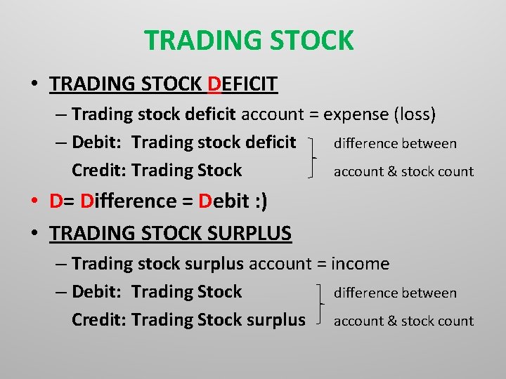 TRADING STOCK • TRADING STOCK DEFICIT – Trading stock deficit account = expense (loss)