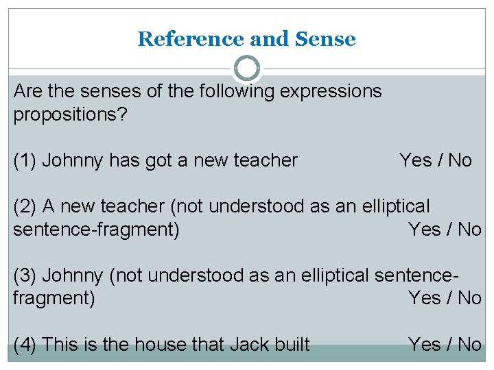 Reference and Sense Are the senses of the following expressions propositions? (1) Johnny has