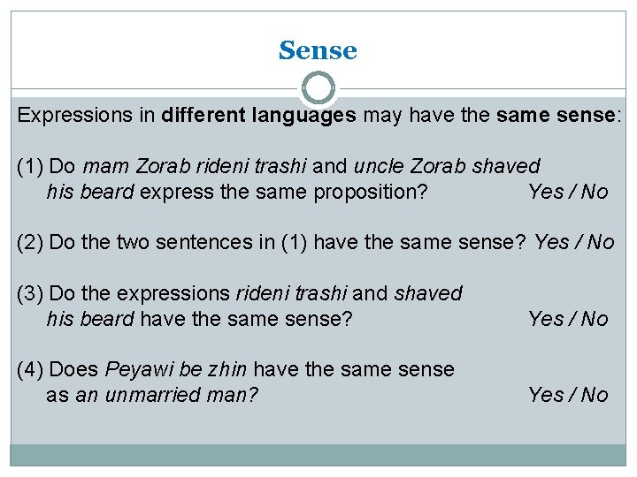 Sense Expressions in different languages may have the same sense: (1) Do mam Zorab