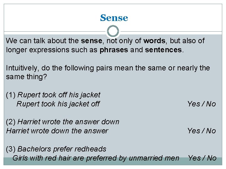 Sense We can talk about the sense, not only of words, but also of