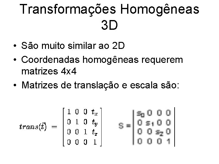 Transformações Homogêneas 3 D • São muito similar ao 2 D • Coordenadas homogêneas