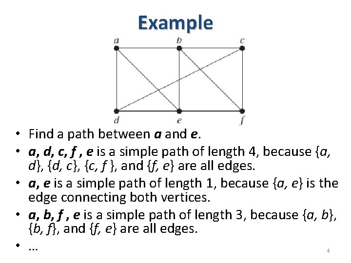 Example • Find a path between a and e. • a, d, c, f Example • Find a path between a and e. • a, d, c, f