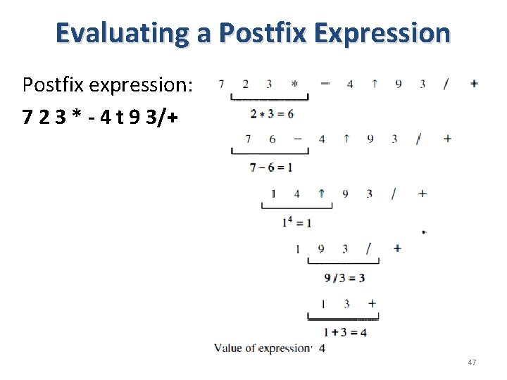 Evaluating a Postfix Expression Postfix expression: 7 2 3 * - 4 t 9 Evaluating a Postfix Expression Postfix expression: 7 2 3 * - 4 t 9
